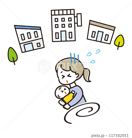 病気の赤ちゃんを抱いて病院を探し走り回る母 117382051