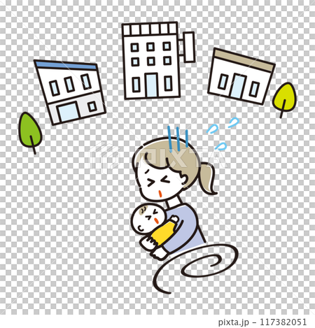 病気の赤ちゃんを抱いて病院を探し走り回る母 117382051