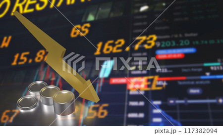 The Arrow down and coins for Business concept 3d rendering. The Arrow down and coins for Business concept 3d rendering. 117382094