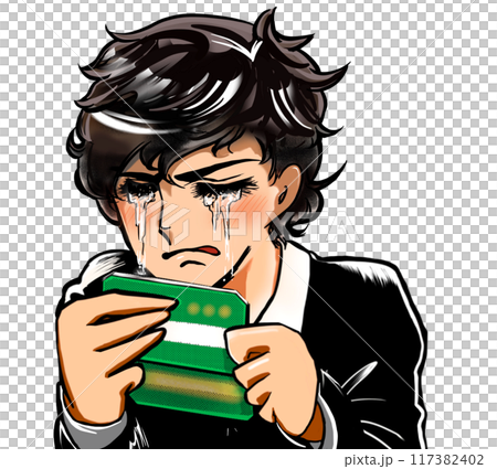 A manga-style boy despairs at his small bank balance 117382402