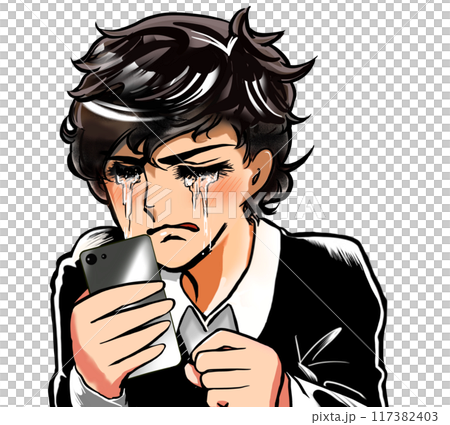 A cartoon-style illustration of a boy crying loudly with a smartphone in his hand 117382403