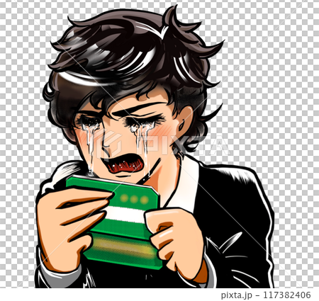 少ない預金残高を見て絶望する少女漫画風男子イラスト 117382406