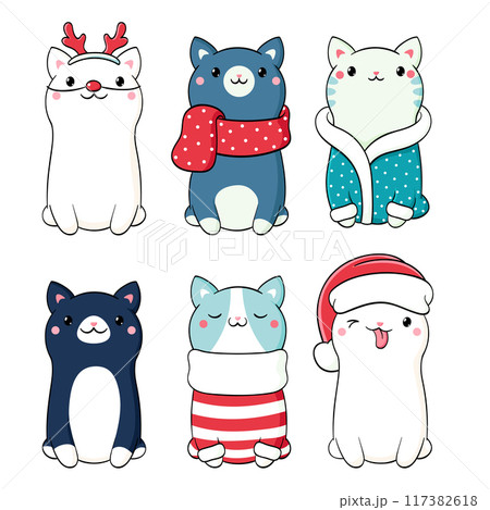 Christmas collection of cute cats in scarves and hats. Winter holiday set with kawaii kittens. Vector illustration EPS8 117382618
