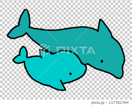イルカの親子 ゆるい手描きイラストのイラスト素材 [117382764