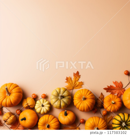 Pumpkin and Leaves Border on Orange Background 117383102