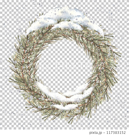 Snowy winter branch wreath. Watercolor Christmas fir tree, spruce twig, festive nature card template, frame. It is snowing. Hand drawn illustration. Clipart on isolated background for Xmas or New Year Snowy winter branch wreath. Watercolor Christmas fir tree, spruce twig, festive nature card template, frame. It is snowing. Hand drawn illustration. Clipart on isolated background for Xmas or New Year 117383152