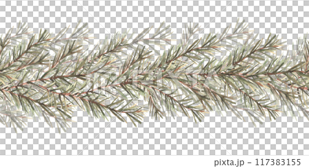 Pine or fir tree branches seamless border, pattern. Spruce evergreen with needles. Winter forest watercolor Christmas , New year hand drawn illustration for fabric, wrapping. Isolated from background Pine or fir tree branches seamless border, pattern. Spruce evergreen with needles. Winter forest watercolor Christmas , New year hand drawn illustration for fabric, wrapping. Isolated from background 117383155