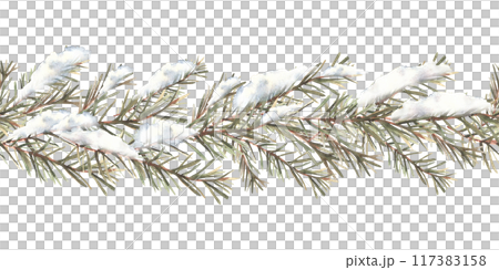 Snow on branch with needles seamless border. Winter Spruce, pine trees evergreen snowy branch. Watercolor hand drawn illustration. Christmas, New year festive pattern Clip art on isolated background Snow on branch with needles seamless border. Winter Spruce, pine trees evergreen snowy branch. Watercolor hand drawn illustration. Christmas, New year festive pattern Clip art on isolated background 117383158
