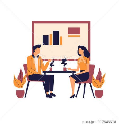 Flat Design Illustration of Man and Woman Sitting While Discussing Talking at Office 117383318