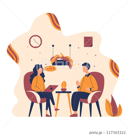 Flat Design Illustration of Man and Woman Sitting While Discussing Talking at Office 117383322
