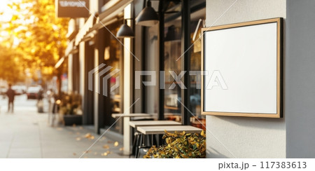 Blank sign for street logo presentation on a sunny street outside a cafe 117383613