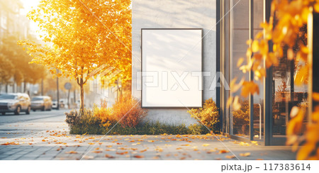 A quiet street corner with an empty billboard mock up for exterior advertisement surrounded by vibrant autumn foliage 117383614