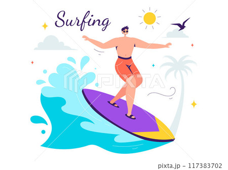 Summer Surfing Vector Illustration of Water Sports Activities, Featuring Surfboards Riding Ocean Waves or Floating in a Flat Style Cartoon Background 117383702