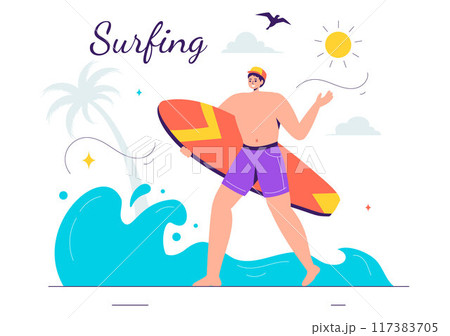 Summer Surfing Vector Illustration of Water Sports Activities, Featuring Surfboards Riding Ocean Waves or Floating in a Flat Style Cartoon Background Summer Surfing Vector Illustration of Water Sports Activities, Featuring Surfboards Riding Ocean Waves or Floating in a Flat Style Cartoon Background 117383705
