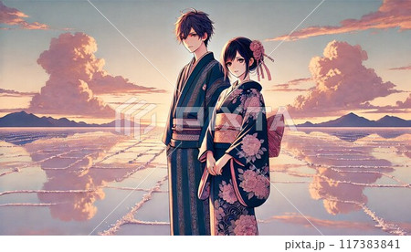 田舎の夕焼け　佇むカップル(生成AI) 117383841