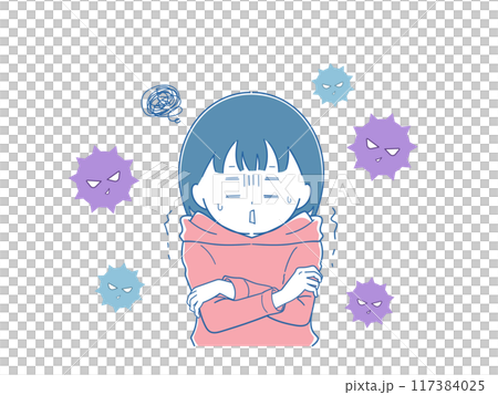 Girl with chills (blue) has been infected by a virus Girl with chills (blue) has been infected by a virus 117384025