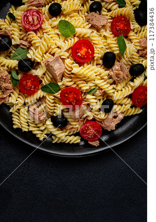 Tuna salad, fusilli pasta, olives and cherry, olive oil, homemade, Tuna salad, fusilli pasta, olives and cherry, olive oil, homemade, 117384436