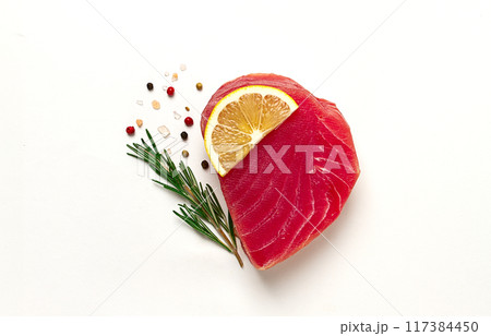 fresh red tuna fillet, for steak, raw, top view, no people, on a white background, 117384450