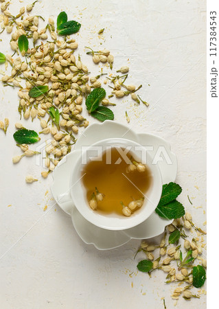 Jasmine Tea, drink , Jasmine flowers, dry, herbal, tea, top view, no people, Jasmine Tea, drink , Jasmine flowers, dry, herbal, tea, top view, no people, 117384543