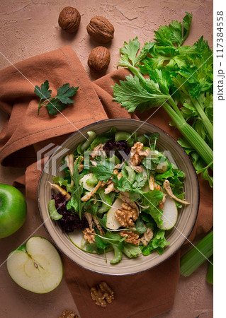 Fresh, Waldorf salad, celery stalk with chicken, apple and walnut, grapes, herbs, homemade, no people, 117384558