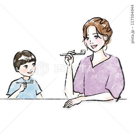 歯磨きをする親子 117384944