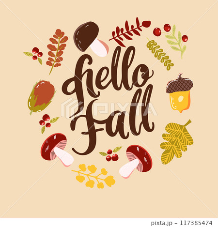 Hello Fall lettering, autumn decorative vector card. Hello Fall lettering, autumn decorative vector card. 117385474