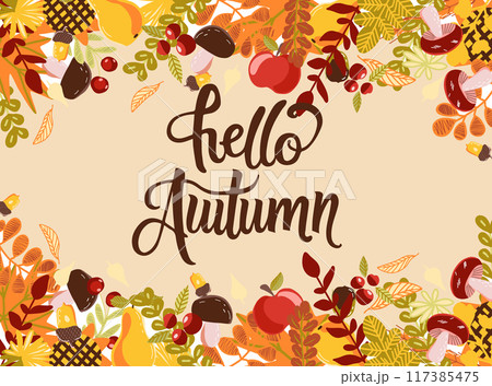Hello autumn vector illustration, hand written lettering and fall leaves. Hello autumn vector illustration, hand written lettering and fall leaves. 117385475