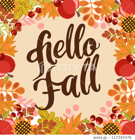 Hello Fall lettering, autumn decorative vector card. 117385476