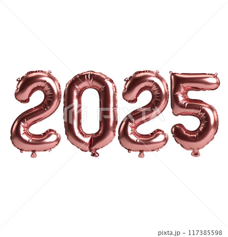 3D illustration of new year 2025 balloons on glossy red color, isolated on transparent background 117385598