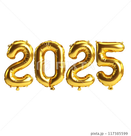 3D illustration of new year 2025 balloons on gold color, isolated on transparent background 117385599