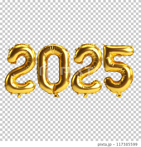 3D illustration of new year 2025 balloons on gold color, isolated on transparent background 117385599