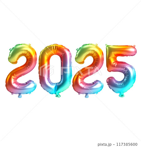 3D illustration of new year 2025 balloons on Rainbow color, isolated on transparent background 117385600