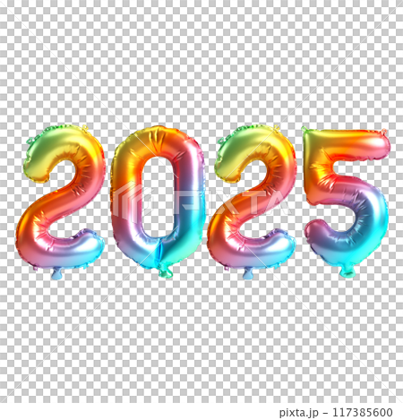 3D illustration of new year 2025 balloons on Rainbow color, isolated on transparent background 117385600
