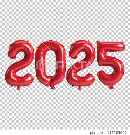 3D illustration of new year 2025 balloons on Red color, isolated on transparent background 117385601