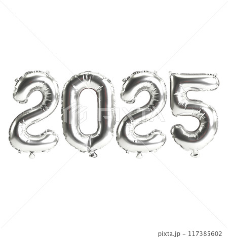 3D illustration of new year 2025 balloons on Silver color, isolated on transparent background 117385602