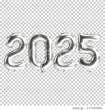 3D illustration of new year 2025 balloons on Silver color, isolated on transparent background 117385602