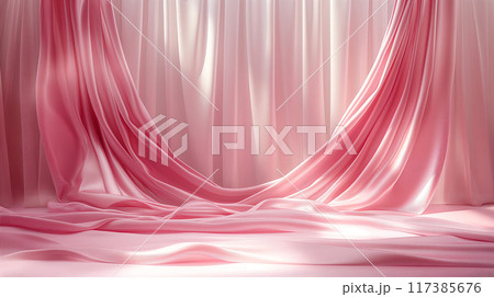 Elegant silk drapery softly cascading down in serene cosmetic product background. Generative AI 117385676