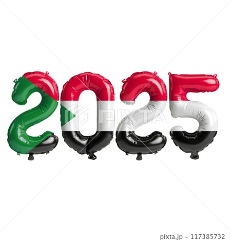 3D illustration of new year 2025 balloons on Sudan flag color, isolated on transparent background 117385732