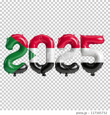 3D illustration of new year 2025 balloons on Sudan flag color, isolated on transparent background 117385732