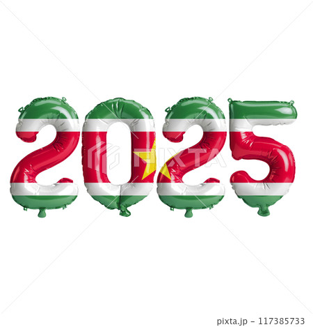 3D illustration of new year 2025 balloons on Suriname flag color, isolated on transparent background 117385733