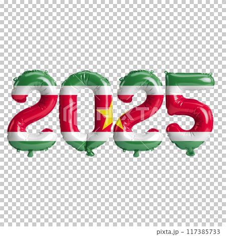 3D illustration of new year 2025 balloons on Suriname flag color, isolated on transparent background 117385733