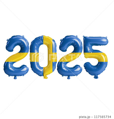 3D illustration of new year 2025 balloons on Sweden flag color, isolated on transparent background 117385734