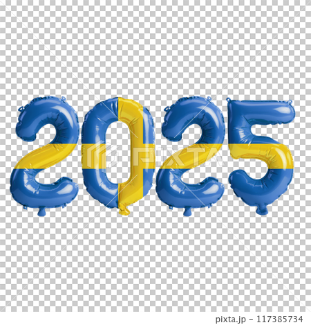 3D illustration of new year 2025 balloons on Sweden flag color, isolated on transparent background 117385734