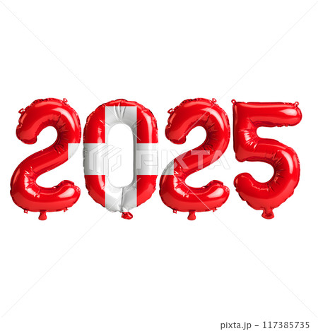 3D illustration of new year 2025 balloons on Switzerland flag color, isolated on transparent background 117385735
