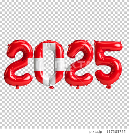 3D illustration of new year 2025 balloons on Switzerland flag color, isolated on transparent background 117385735