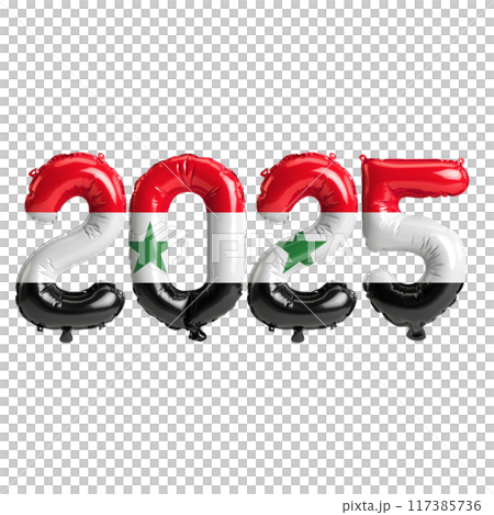 3D illustration of new year 2025 balloons on Syria flag color, isolated on transparent background 117385736
