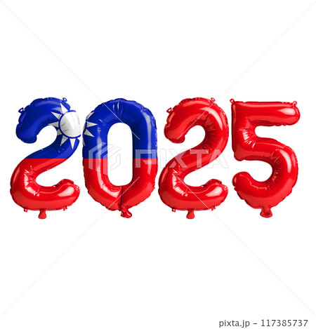 3D illustration of new year 2025 balloons on Taiwan flag color, isolated on transparent background 117385737