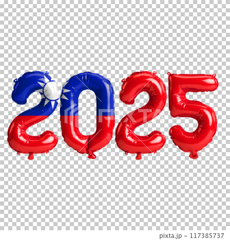 3D illustration of new year 2025 balloons on Taiwan flag color, isolated on transparent background 117385737