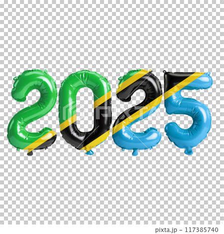 3D illustration of new year 2025 balloons on Tanzania flag color, isolated on transparent background 117385740