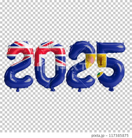 3D illustration of new year 2025 balloons on Turks and Caicos Islands flag color, isolated on transprent background 117385875